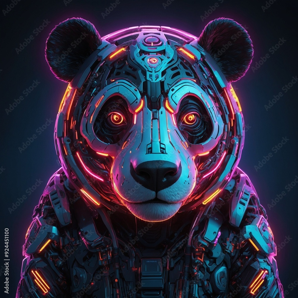 Abstract neon light Cyborg Panda Bear, glowing space background Abstract neon light Cyborg Panda Bear, glowing space background