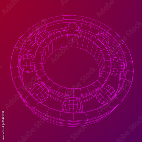 Roller bearing. Circular round rotating bearings used in industry for heavy equipment mechanical work and engineering. Wireframe low poly mesh vector illustration.