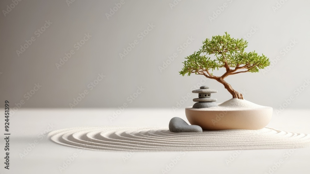 Miniature Zen garden in bonsai pot with tiny trees and raked sand.
