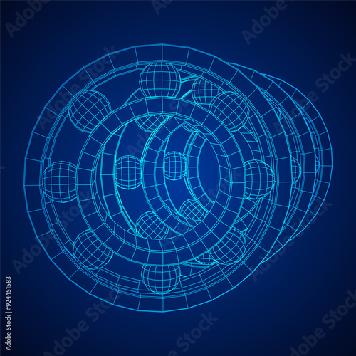 Roller bearing. Circular round rotating bearings used in industry for heavy equipment mechanical work and engineering. Wireframe low poly mesh vector illustration.