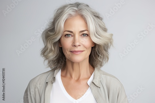 Beautiful gorgeous 50s mid aged mature woman looking at camera isolated on white.