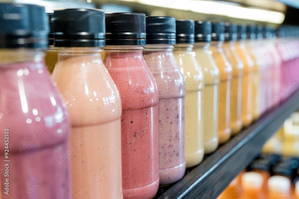 A row of juice bottles with different colors and flavors A row of juice bottles with different colors and flavors