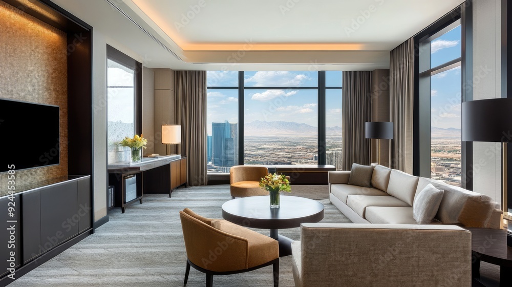 Fototapeta premium Spacious hotel suite with a living area, stylish decor, and floor-to-ceiling windows.
