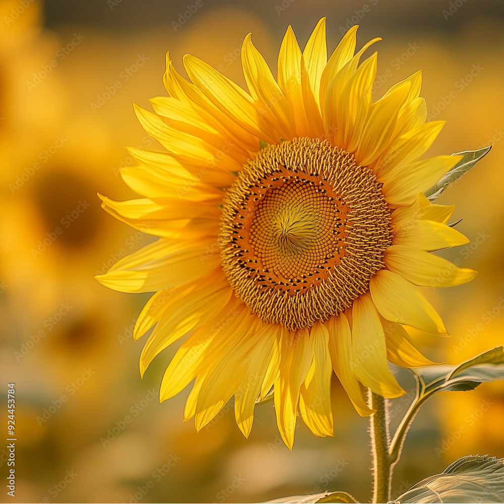 Obraz premium A photograph of a single sunflower highlighted by soft lighting in a field, portraying the gentle beauty and grace of nature in a calm and peaceful manner.