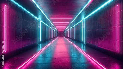 Futuristic corridor with neon lights in dark environment. 