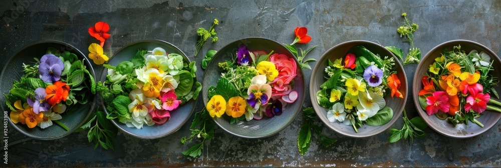 Variety of salads featuring edible flowers Variety of salads featuring edible flowers