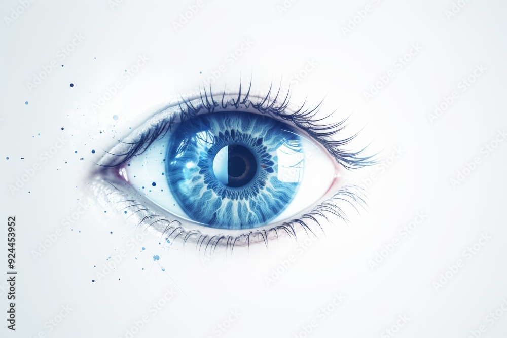 Captivating Gaze: A Striking Close-up of the Human Eye with Prominent Blue Irides on a White Background, Embracing the Concept of Vision Captivating Gaze: A Striking Close-up of the Human Eye with Prominent Blue Irides on a White Background, Embracing the Concept of Vision