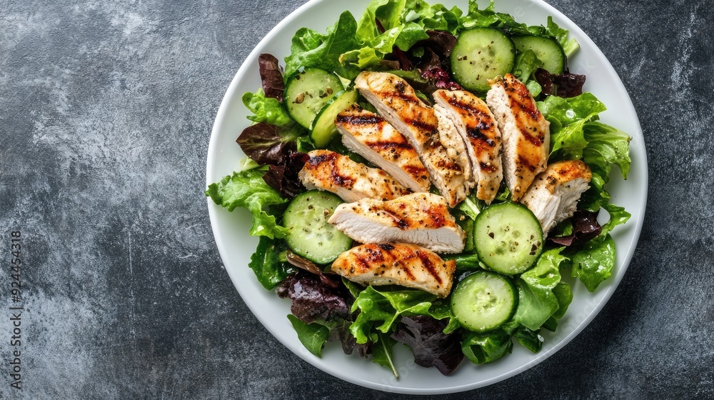 Top view of a grilled chicken salad with mixed greens, cucumber, and a light vinaigrette, served on a white plate Top view of a grilled chicken salad with mixed greens, cucumber, and a light vinaigrette, served on a white plate