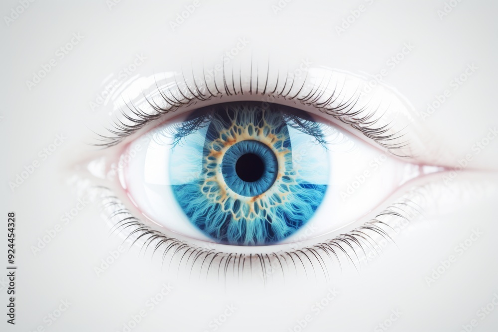 Captivating Gaze: A Striking Close-up of the Human Eye with Prominent Blue Irides on a White Background, Embracing the Concept of Vision Captivating Gaze: A Striking Close-up of the Human Eye with Prominent Blue Irides on a White Background, Embracing the Concept of Vision
