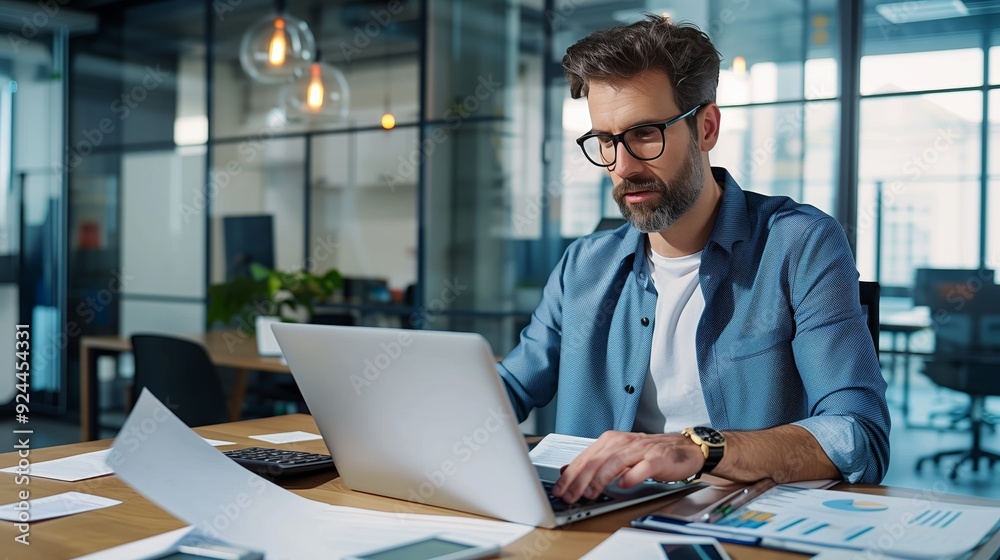 A handsome man using laptop for work in modern office A handsome man using laptop for work in modern office