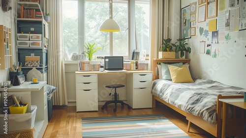An interior design for a college dorm room