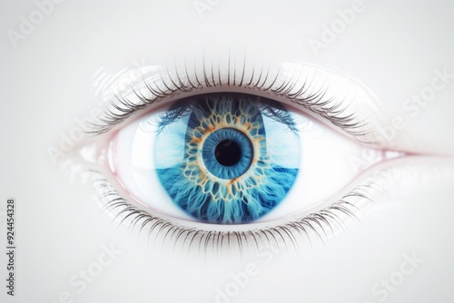 Captivating Gaze: A Striking Close-up of the Human Eye with Prominent Blue Irides on a White Background, Embracing the Concept of Vision