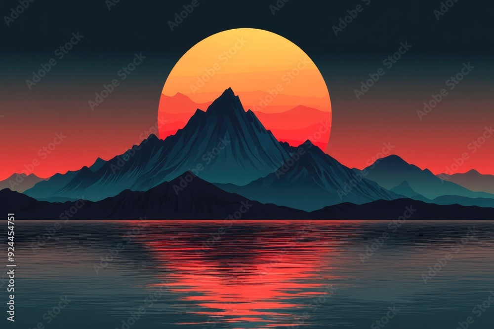 Obraz premium Silhouette of Mountains and a Sunset Reflected in a Calm Lake