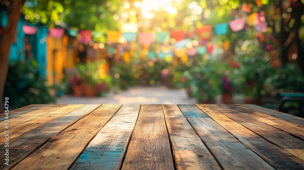 Rustic wooden table top set against a vibrant bokeh background, capturing the lively and colorful atmosphere of a traditional Mexican festival garden, ideal for product display in a festive setting Rustic wooden table top set against a vibrant bokeh background, capturing the lively and colorful atmosphere of a traditional Mexican festival garden, ideal for product display in a festive setting