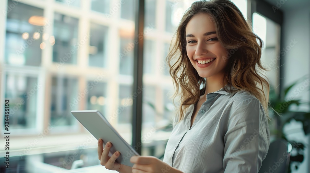 An business woman holding a laptop computer and smiling at the camera An business woman holding a laptop computer and smiling at the camera
