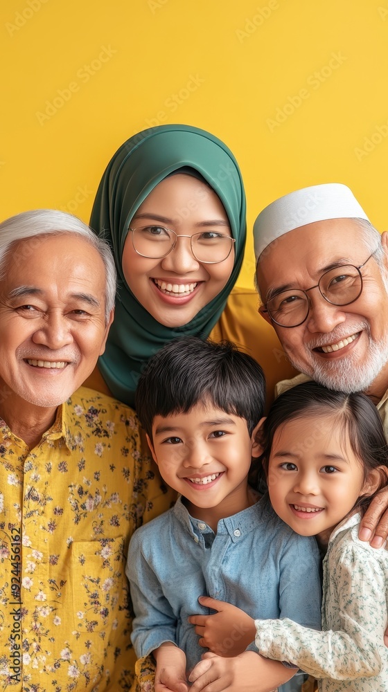Obraz premium A family poses happily together, showcasing smiles and affection in front of a vibrant yellow background