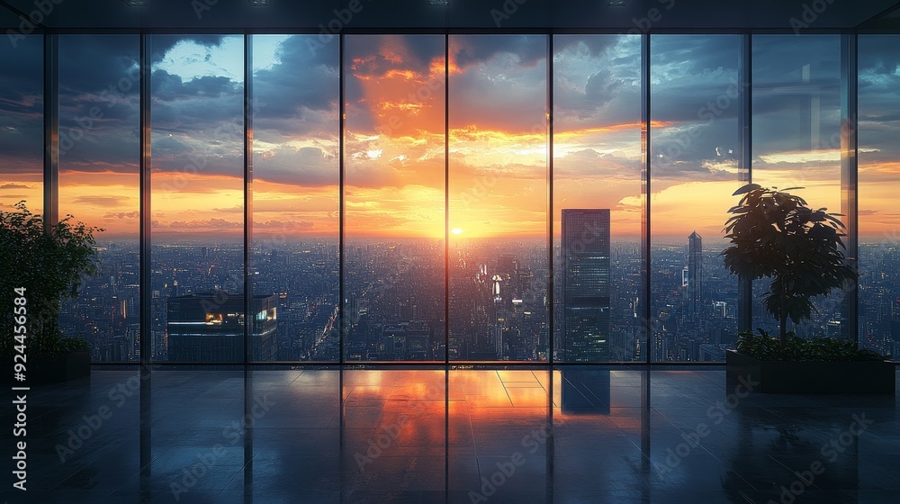 Fototapeta premium Futuristic Office Interior with Panoramic Cityscape View Through High-Rise Windows, Ultra-Realistic and High-Detail Design, Showcasing Modern Urban Architecture and Advanced Office Environment.