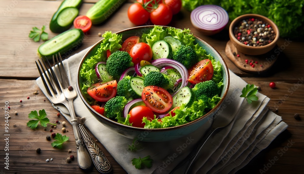 Fresh vegetable salad in a wooden bowl with tomatoes, cucumbers, and greens on a rustic table Fresh vegetable salad in a wooden bowl with tomatoes, cucumbers, and greens on a rustic table