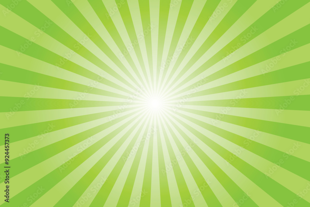 Obraz premium Green background with sun ray. Pattern of starburst. Abstract bright green texture with light of sunburst. Radial beam of sunlight. Retro background with flash. Design of sunbeams. Vector.