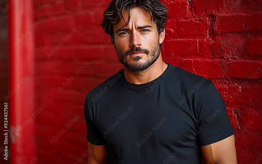 Realistic Black T-Shirt Mockup on Young Man for Advertising Realistic Black T-Shirt Mockup on Young Man for Advertising