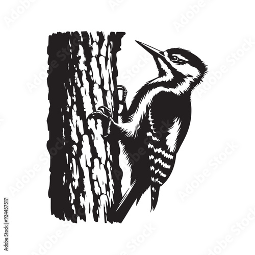 Hairy woodpecker silhouette, Woodpecker  Bird Clipart, Hairy Woodpecker clinging illustration 
