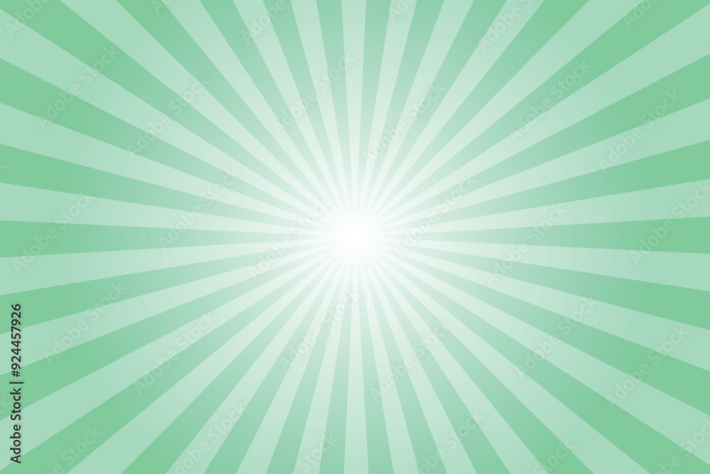 Green background with sun ray. Pattern of starburst. Abstract bright mint green texture with light of sunburst. Radial beam of sunlight. Retro background with flash. Design of sunbeams. Vector. Green background with sun ray. Pattern of starburst. Abstract bright mint green texture with light of sunburst. Radial beam of sunlight. Retro background with flash. Design of sunbeams. Vector.