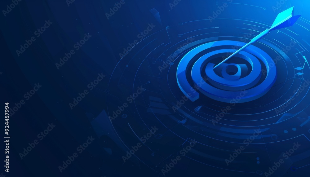 A blue arrow pierces the center of a 3D target, symbolizing success and achievement A blue arrow pierces the center of a 3D target, symbolizing success and achievement