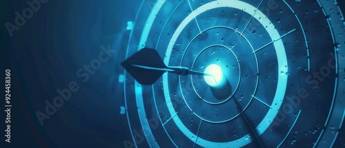 A dart perfectly hits the bullseye of a glowing, futuristic blue target, symbolizing precision and accuracy in a digital setting.
