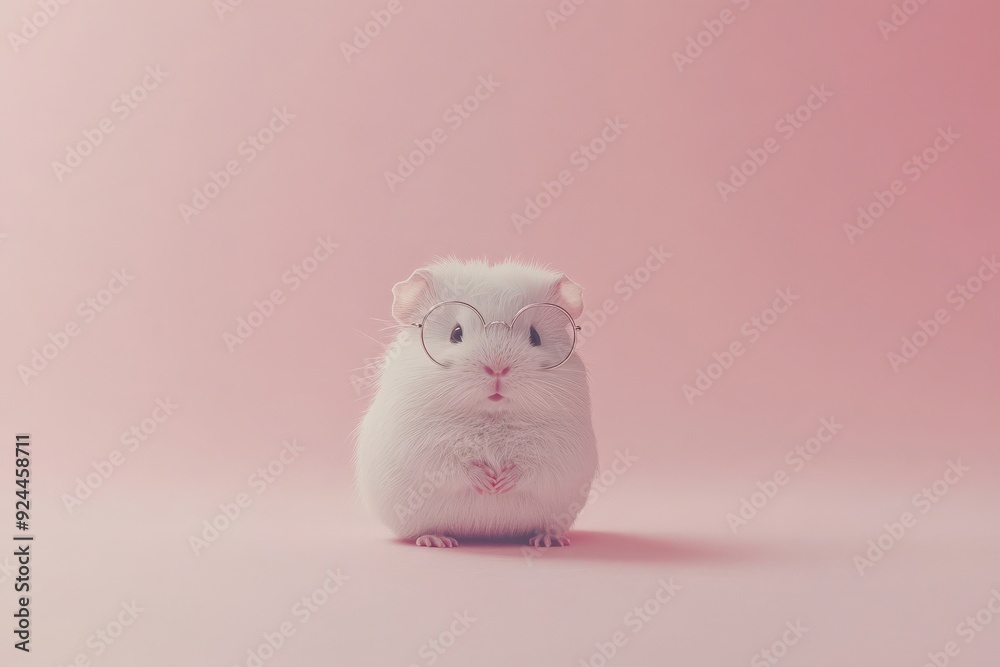 A cute guinea pig with glasses poses adorably, showcasing its playful personality in a soft pink setting A cute guinea pig with glasses poses adorably, showcasing its playful personality in a soft pink setting