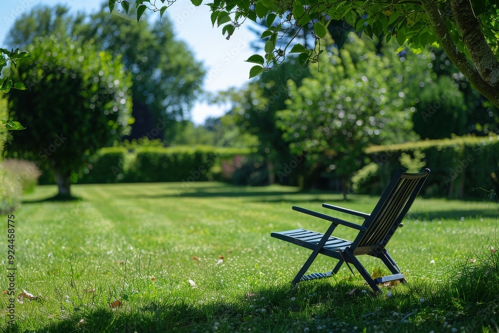 Simple metal and blue striped outdoor lounge chair in a garden with green hedges, on a sunny spring day, featuring minimalist design and professional color grading with soft shadows and film grain. Simple metal and blue striped outdoor lounge chair in a garden with green hedges, on a sunny spring day, featuring minimalist design and professional color grading with soft shadows and film grain.