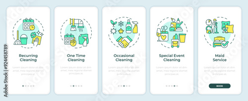 Types of cleaning services onboarding mobile app screen. Walkthrough 5 steps editable graphic instructions with linear concepts. UI, UX, GUI template. Montserrat SemiBold, Regular fonts used photo