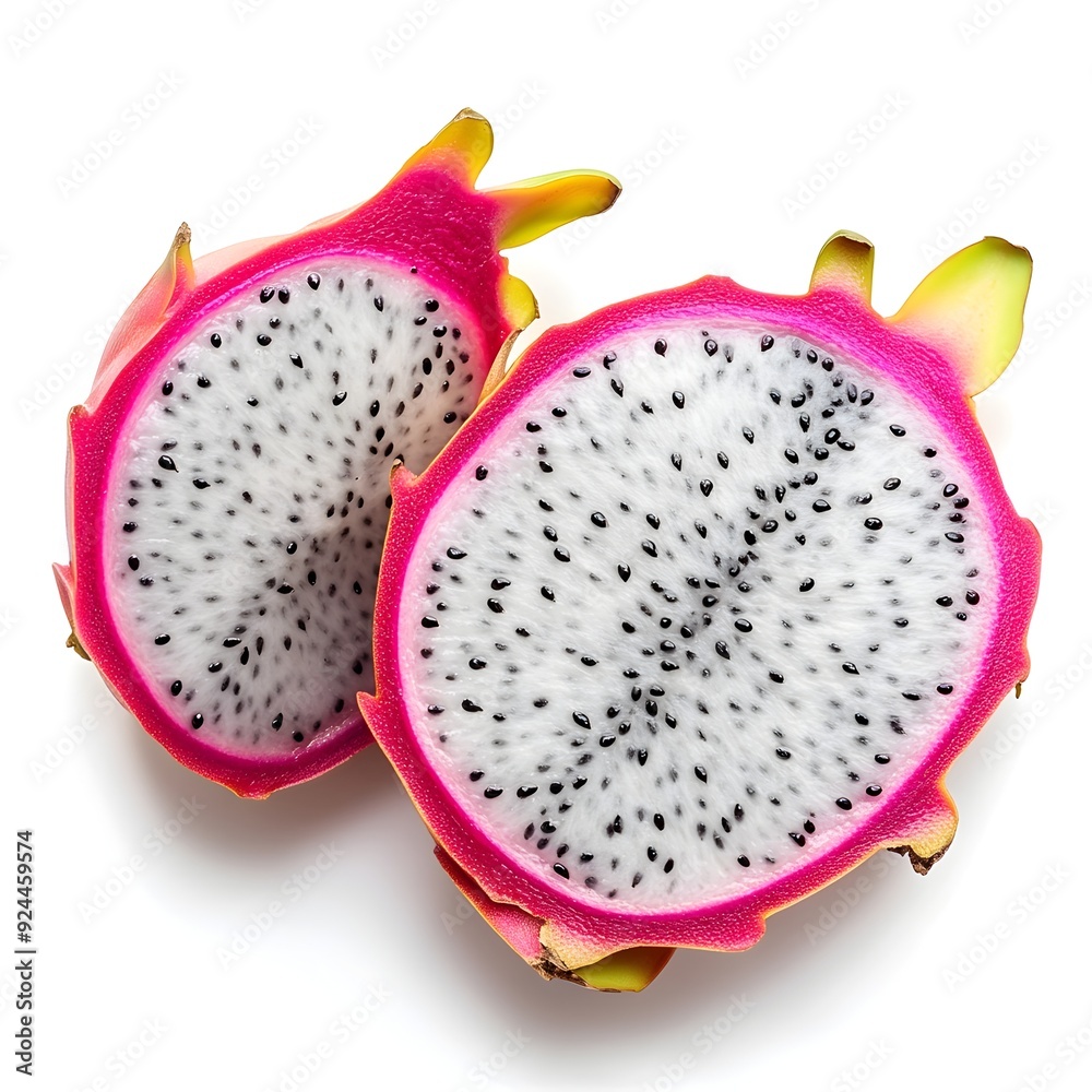 Halved Dragon Fruit with Vibrant White and Black Seeds on White Background Halved Dragon Fruit with Vibrant White and Black Seeds on White Background