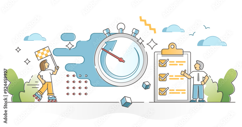 Naklejka premium Fast service and package express delivery time limit check outline concept, transparent background. Satisfied customer with urgent ASAP order distribution illustration.