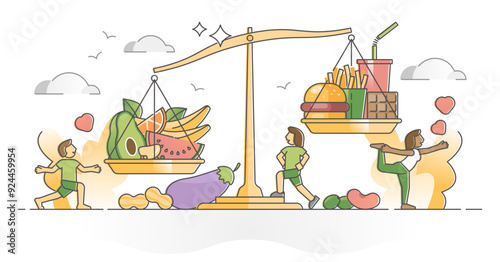 Food balance as body control with healthy meal diet vs junk and fast food outline concept, transparent background.