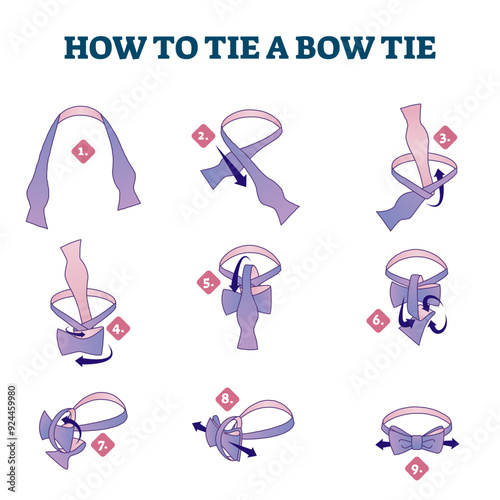 How to tie a bow tie explanation steps, illustrated scheme, transparent background. Gentleman style fashion knowledge. Numbered cheat sheet diagram with knot example.