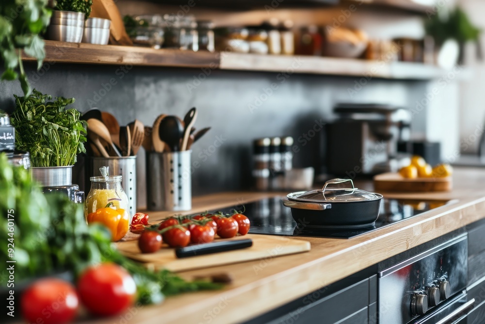 a well-organized kitchen with high-end appliances and clean countertops. Include details like fresh ingredients and cooking utensils to highlight functionality and style. a well-organized kitchen with high-end appliances and clean countertops. Include details like fresh ingredients and cooking utensils to highlight functionality and style.