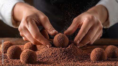 A chocolatier rolling truffles in cocoa powder, with detailed textures and rich, velvety finishes, photo-realistic, traditional confectionery techniques photo