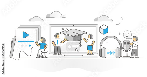 Online course as distant educational learning study monocolor outline concept, transparent background.School knowledge training using audio and video sharing files illustration.