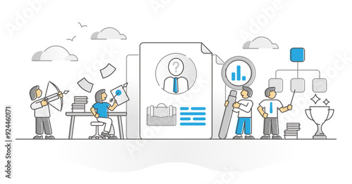 Recruitment candidate vacancy hiring and selection monocolor outline concept, transparent background. Human resources professional work employment search with labor CV evaluation illustration.