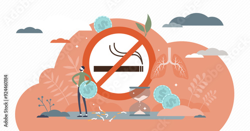 Quit smoking illustration, transparent background. Stop cigarettes tobacco addiction decision tiny persons concept. Fight against unhealthy smoker habit for medical and money saving reasons.