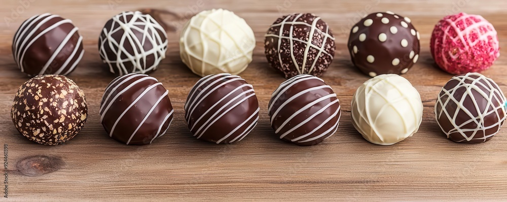 Rows of unique, hand-decorated truffles cooling on a wooden counter, each with intricate patterns, photo-realistic, artisan confectionery Rows of unique, hand-decorated truffles cooling on a wooden counter, each with intricate patterns, photo-realistic, artisan confectionery