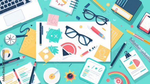 Creative Workspace: Flat Lay of Office Supplies and Design Elements