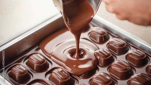 Detailed shot of chocolate being slowly poured into custom molds in an artisan workshop, photo-realistic, handcrafted chocolate with care photo