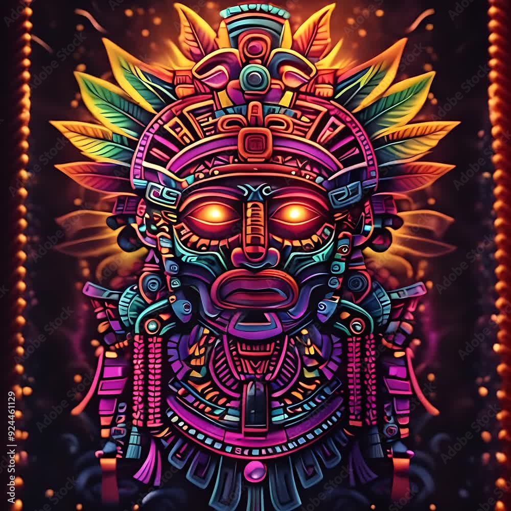 A stunning tribal mask design glows with colorful details, showcasing intricate craftsmanship against a dark background A stunning tribal mask design glows with colorful details, showcasing intricate craftsmanship against a dark background
