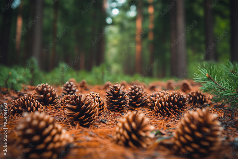 Fototapeta premium Pine cones scattered on forest