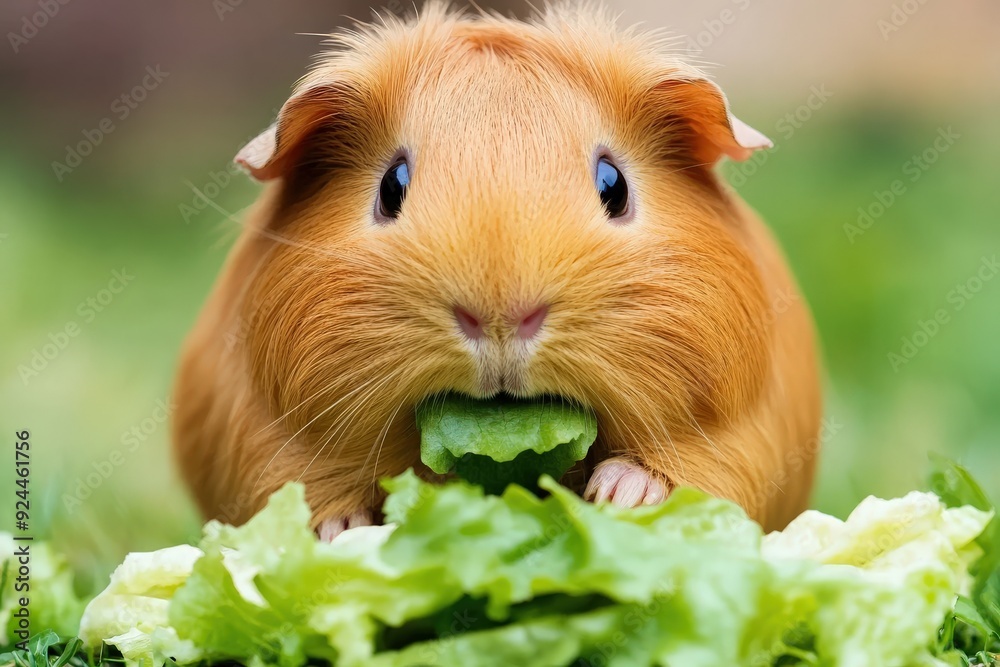 A guinea pig munches on lettuce while surrounded by a lush, green environment, basking in the warmth of a sunny day A guinea pig munches on lettuce while surrounded by a lush, green environment, basking in the warmth of a sunny day