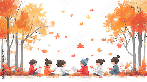 Kids and teachers engaged in a group activity, working together on a fall-themed project, flat vector illustration in high resolution. photo