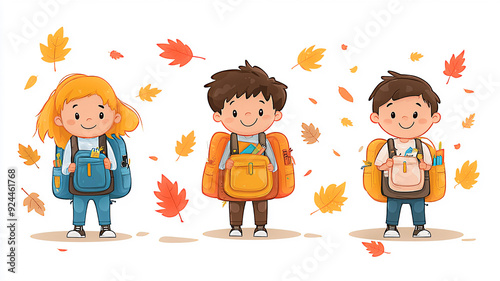 Children excitedly packing their school supplies into backpacks, ready for the first day, with autumn leaves scattered around, high-resolution flat vector. photo