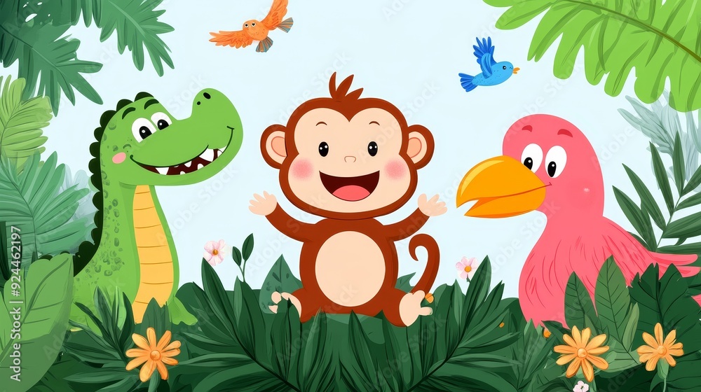 Obraz premium Jungle cartoon with adorable animals like a cheeky monkey, friendly crocodile, and singing birds, surrounded by tropical trees and flowers