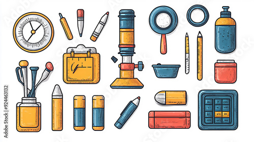 A set of school-related flat vector icons including a microscope, protractor, and art supplies, ideal for websites and merchandise, high resolution.